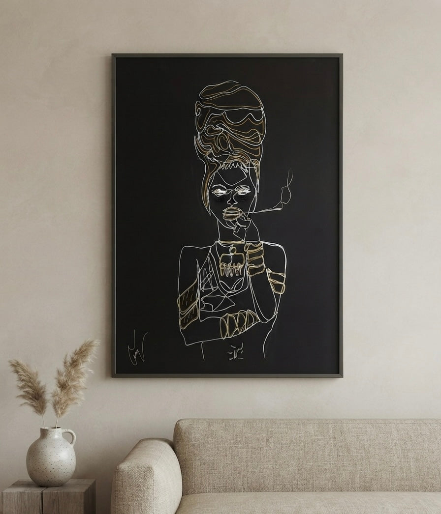 She Who Knows – original line drawing by BOUS, gold frame view