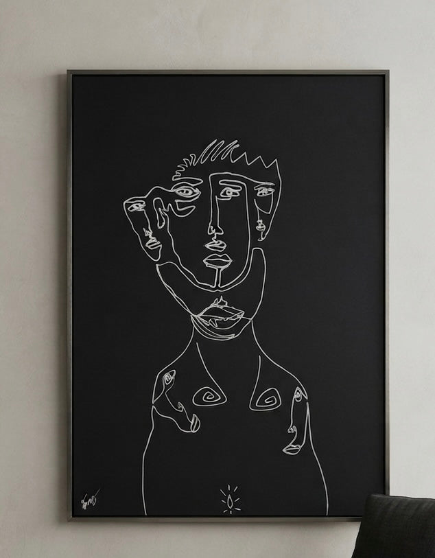 The Many – original drawing by BOUS, white line on black, lifestyle wall view