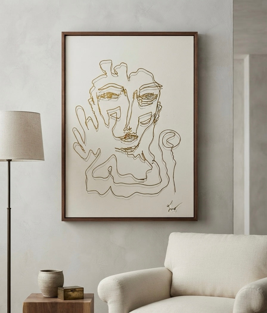 Speak – original drawing by BOUS, dark line and gold on cream, lifestyle room view