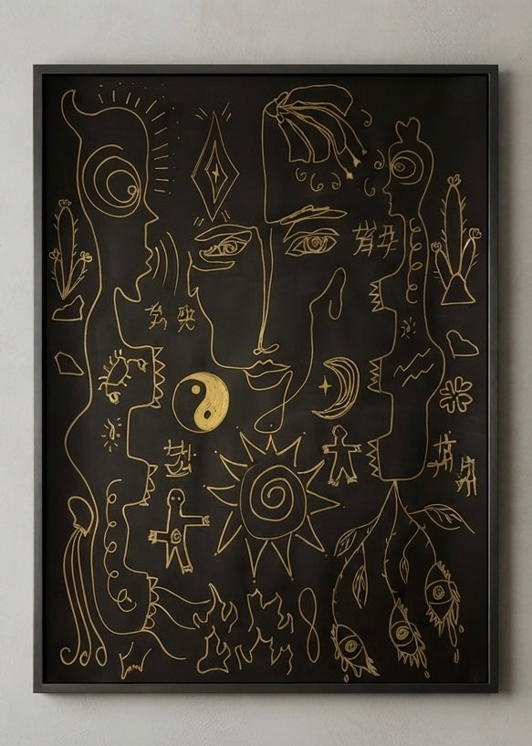 The Universe Between Us – original drawing by BOUS, gold on black, straight view