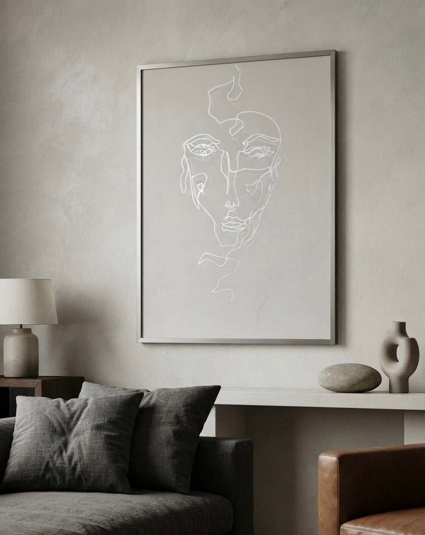 It's Only One – original drawing by BOUS, two merging faces, lifestyle room view