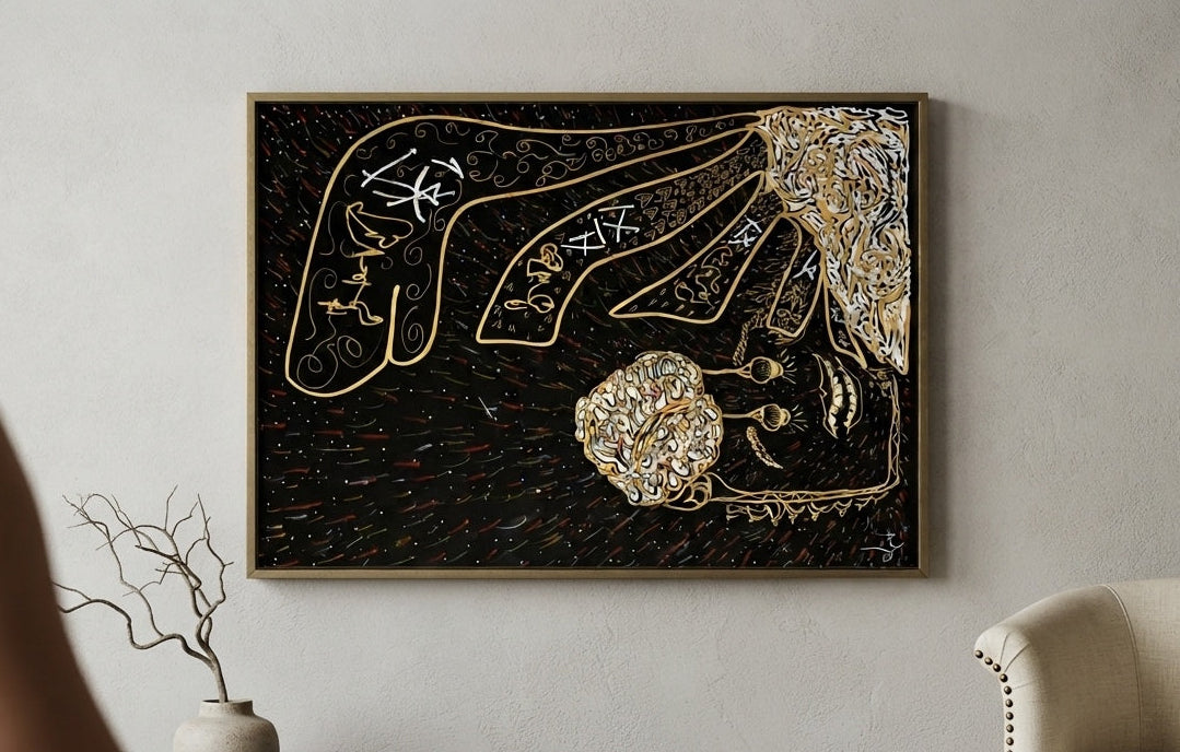 The Offering – original drawing by BOUS, gold on black, lifestyle room view