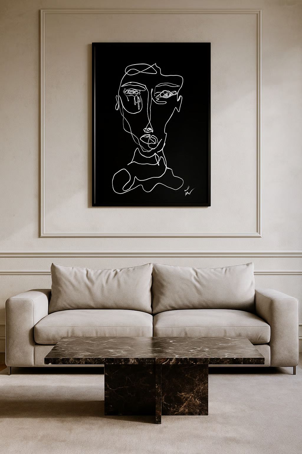 Silent Fractures — original framed drawing by BOUS, continuous line face on black, 100 × 70 cm