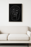 Shapes of Quiet Geometry — original framed drawing by BOUS, face within looping halo on black, 100 × 70 cm