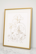 Whispers in Bloom — original framed drawing by BOUS, faces and flowers in a single line on white, 100 × 70 cm