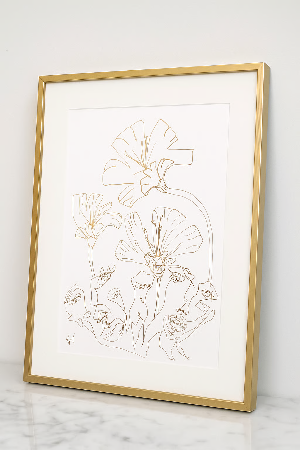 Whispers in Bloom — original framed drawing by BOUS, faces and flowers in a single line on white, 100 × 70 cm