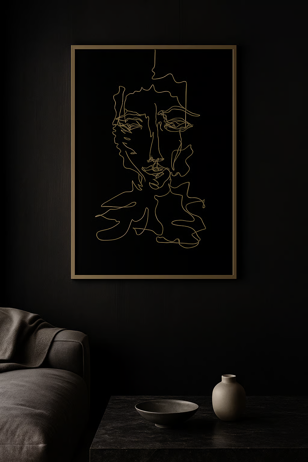 Ashen Veil — original framed drawing by BOUS, golden line face on black, 100 × 70 cm