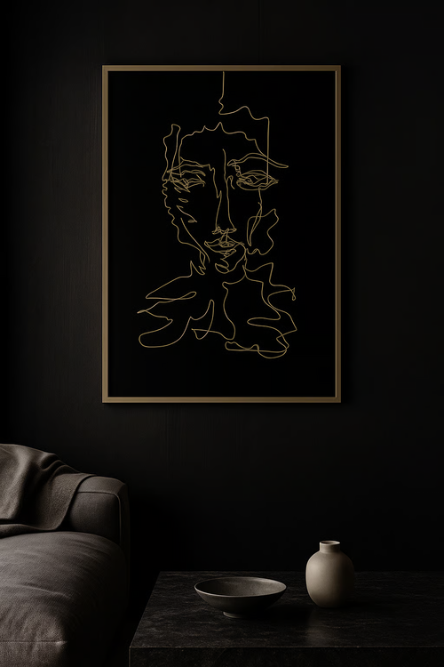 Ashen Veil — original framed drawing by BOUS, golden line face on black, 100 × 70 cm