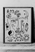 Celestial Whispers — original drawing by BOUS, cosmic symbols and faces in continuous line, 21 × 29.7 cm