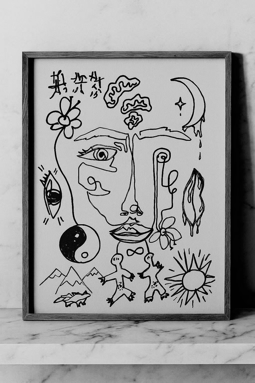 Celestial Whispers — original drawing by BOUS, cosmic symbols and faces in continuous line, 21 × 29.7 cm