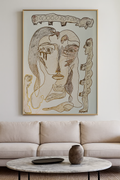 Whispers of the Inner Beasts — original framed drawing by BOUS, surreal face with totem creatures, 100 × 70 cm