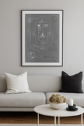 Echoes in Silence — original framed drawing by BOUS, abstract face with symbols on grey, 100 × 70 cm