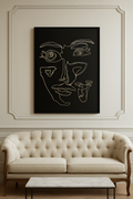 Echo Lines — original framed drawing by BOUS, continuous line face on black, 100 × 70 cm