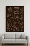 A Memory Traced in Silence — original framed drawing by BOUS, figure with ancient symbols on brown, 100 × 70 cm