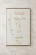 Whispers in Gold — original framed drawing by BOUS, golden continuous line face on white, 100 × 70 cm