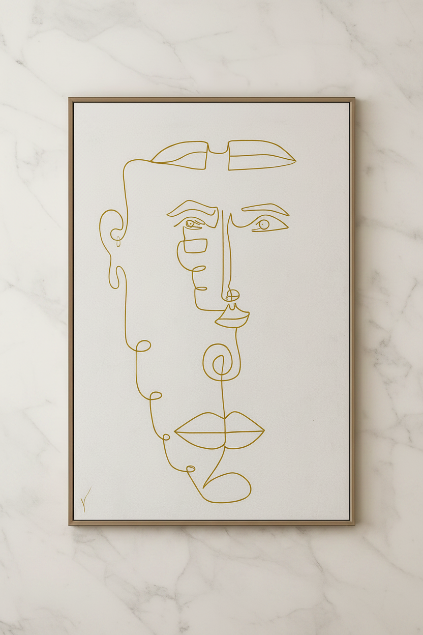 Whispers in Gold — original framed drawing by BOUS, golden continuous line face on white, 100 × 70 cm