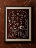Line of Life — original framed drawing by BOUS, multiple faces and yin yang symbols on brown, 100 × 70 cm