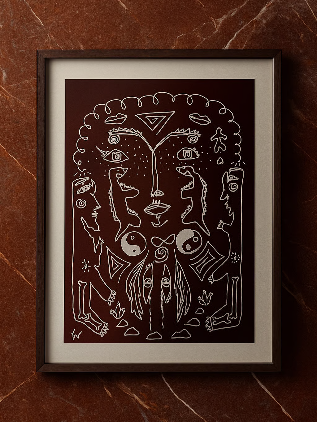 Line of Life — original framed drawing by BOUS, multiple faces and yin yang symbols on brown, 100 × 70 cm