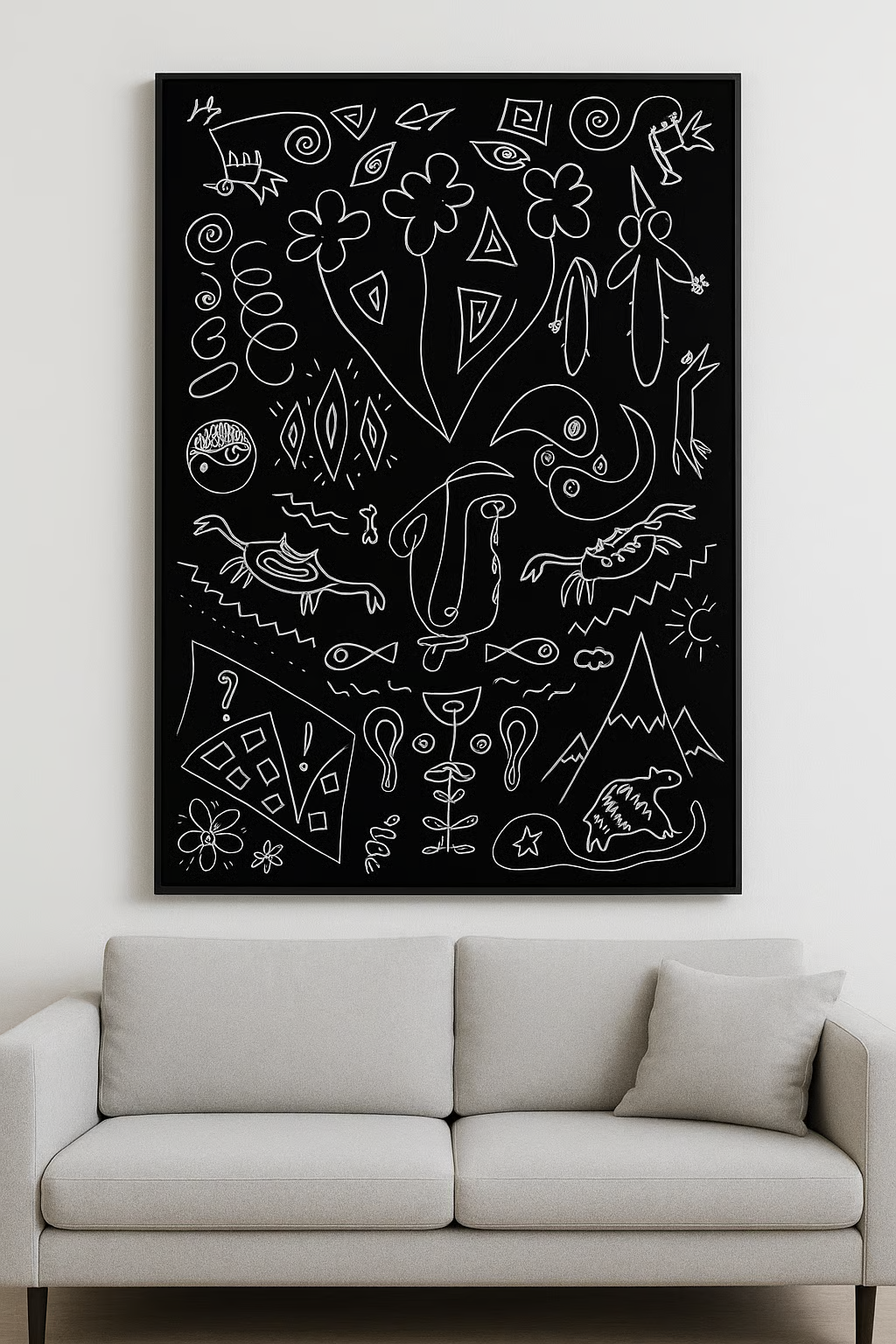 A Stillness Caught in Lines — original framed drawing by BOUS, symbols and creatures on black, 100 × 70 cm