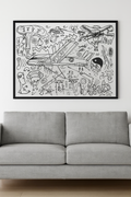 Sky Between Lines — original framed drawing by BOUS, plane and symbols on white, 100 × 70 cm