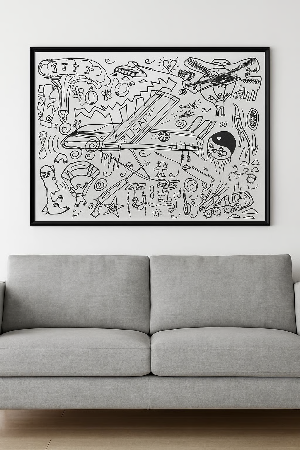 Sky Between Lines — original framed drawing by BOUS, plane and symbols on white, 100 × 70 cm