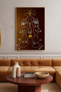 Dualis — original framed drawing by BOUS, two figures united by infinity on deep brown, 100 × 70 cm